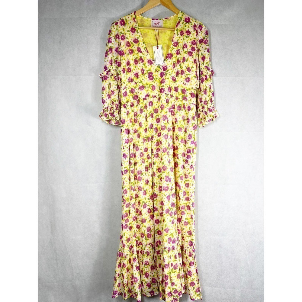 Banjanan Aubree Cottagecore Flower Ditsy vibrant Yellow Midi Dress Size Medium